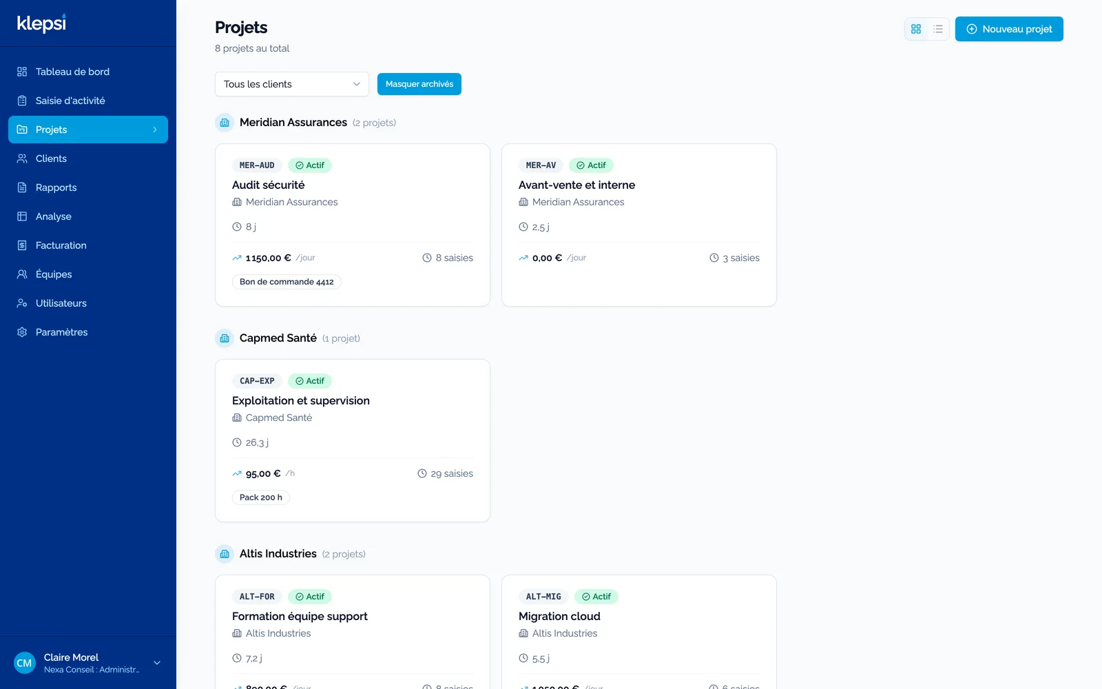 Liste des projets regroupés par client : code, état, jours consommés, taux journalier, commande rattachée