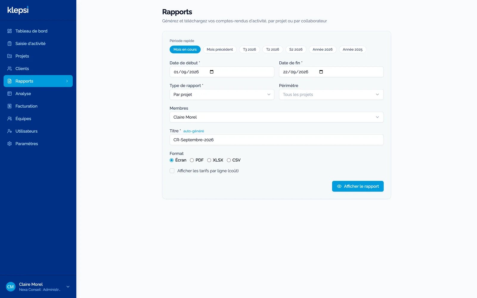 Écran Rapports : période, type de rapport, membres, titre et format PDF, Excel ou CSV